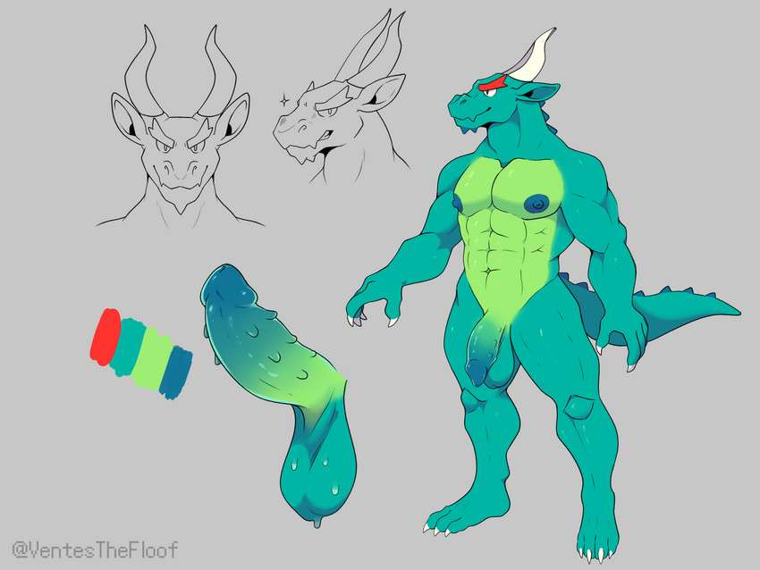 anthro balls big_penis claws eyebrows genitals horn male muscular muscular_anthro muscular_male nipples penis saggy_balls solo spikes tail thick_eyebrows ventesthefloof mythology tenji_the_dragon dragon mythological_creature mythological_scalie scalie 4:3 absurd_res concept_art hi_res model_sheet