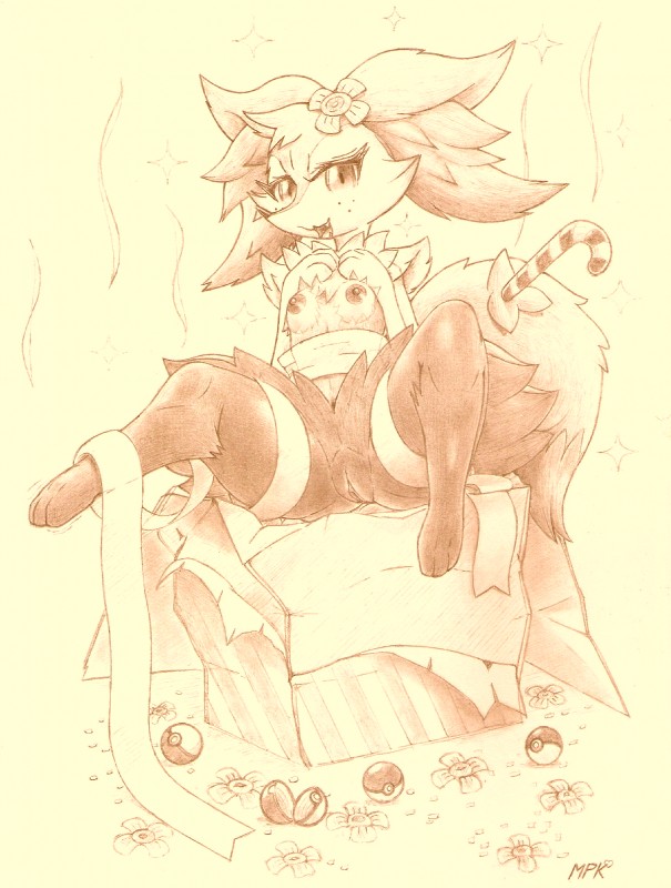 anthro breasts candy candy_cane dessert female food genitals inner_ear_fluff looking_at_viewer nipples open_mouth pokeball pussy solo tuft fullfolka nintendo pokemon teeruuna braixen generation_6_pokemon pokemon_(species) hi_res