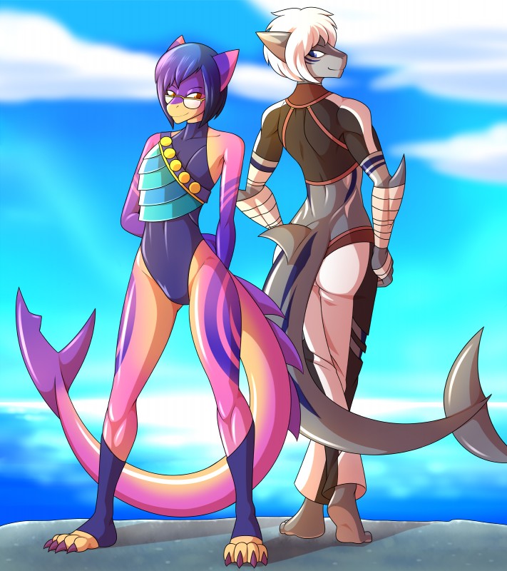 anthro bandage beach clothed clothing curvy_figure detailed_background duo eyewear feet female glasses island muscular one-piece_swimsuit outside pose sand sea seaside sky slim swimwear tight_clothing water marik_azemus34 cetana setra fish marine shark absurd_res full-length_portrait hi_res portrait