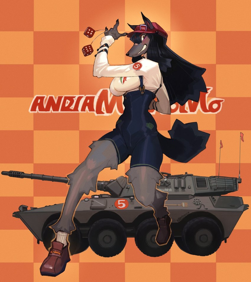 band-aid band-aid_on_face band-aid_on_nose bandage bandage_on_face bandage_on_nose black_hair centauro_(tank) clothed clothing d6 dice female footwear fully_clothed fur grey_body grey_fur hair hat headgear headwear overalls shoes solo vehicle hideki_kaneda fiat ariette_giocometti_(hideki_kaneda) canid canine canis domestic_dog mammal hi_res