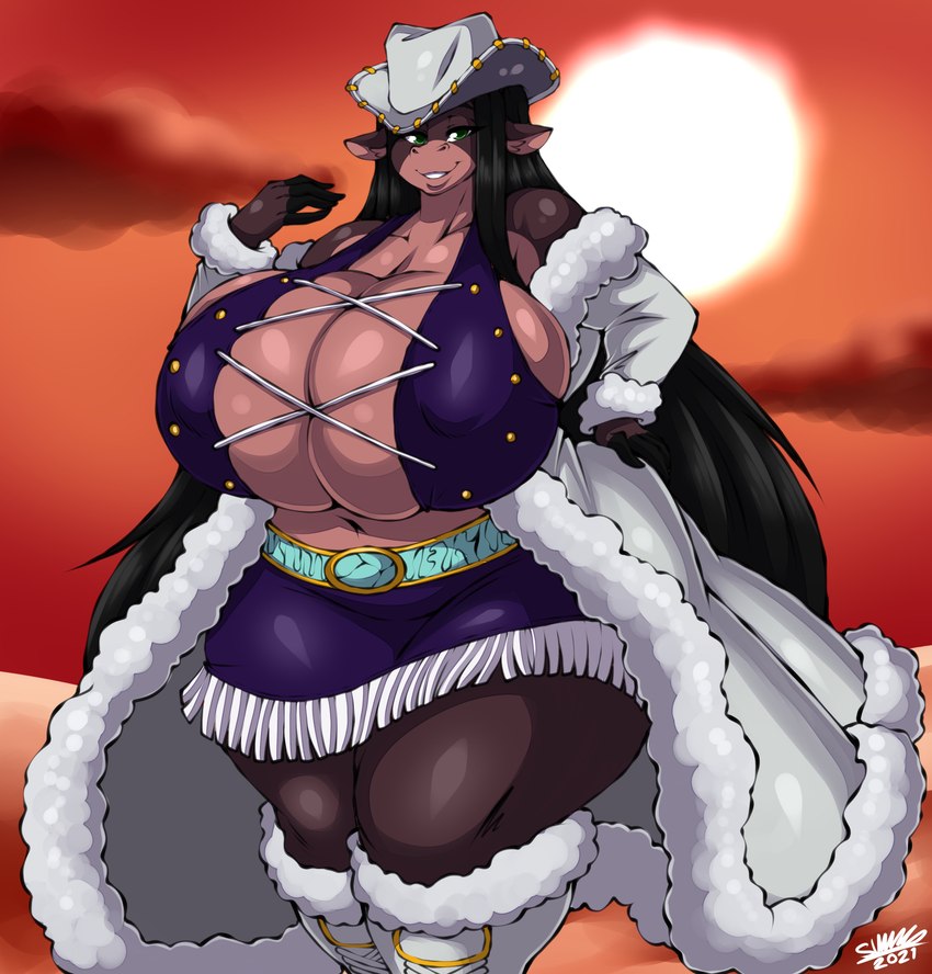 anthro big_breasts black_hair breasts clothed clothing female green_eyes hair huge_breasts hyper hyper_breasts long_hair looking_at_viewer smile solo thick_thighs superix one_piece nico_robin summer_(jwinkz) bovid bovine cattle mammal 2021 absurd_res dated hi_res signature