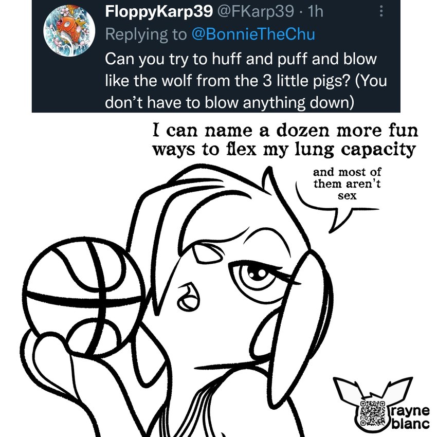 anthro ask_blog bangs basketball basketball_jersey clothing dialogue female hair hair_over_eye holding_basketball one_eye_obstructed open_mouth paws qr_code simple_background solo text tongue white_background albinoraynedeer nintendo pokemon bonnie_the_raichu alolan_form alolan_raichu generation_7_pokemon pokemon_(species) regional_form_(pokemon) shiny_pokemon 1:1 bust_portrait english_text hi_res portrait