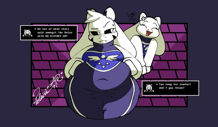 anthro belly big_belly clothing dialogue duo female huge_belly male morbidly_obese obese overweight text_box thick_thighs tight_clothing polarisatr_(artist) undertale undertale_(series) asriel_dreemurr_(god_form) toriel boss_monster_(undertale) absurd_res alternate_version_at_source hi_res