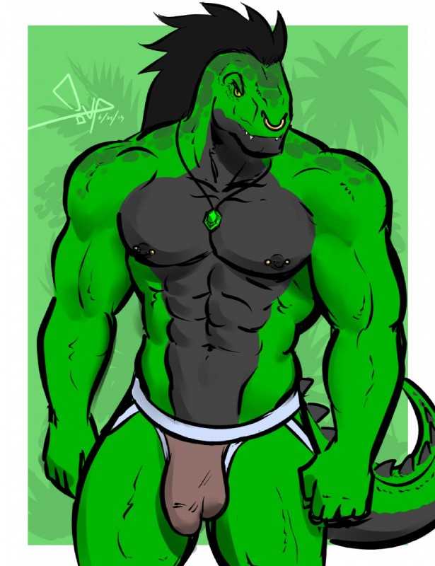 abs anthro biceps big_muscles biped black_body black_hair black_skin bulge clothed clothing detailed_bulge facial_piercing fangs front_view genital_outline green_body green_eyes green_skin grey_body grey_skin hair horn jewelry jockstrap looking_at_viewer male muscular muscular_anthro muscular_male necklace nipple_piercing nipples nose_piercing nose_ring pecs penis_outline piercing pose ring_piercing scales septum_piercing solo standing tail teeth topless underwear yellow_sclera bgn diarmaidhutchence dramon dinosaur lizard prehistoric_species reptile scalie theropod tyrannosaurid tyrannosauroid tyrannosaurus tyrannosaurus_rex 2013 digital_media_(artwork) hi_res