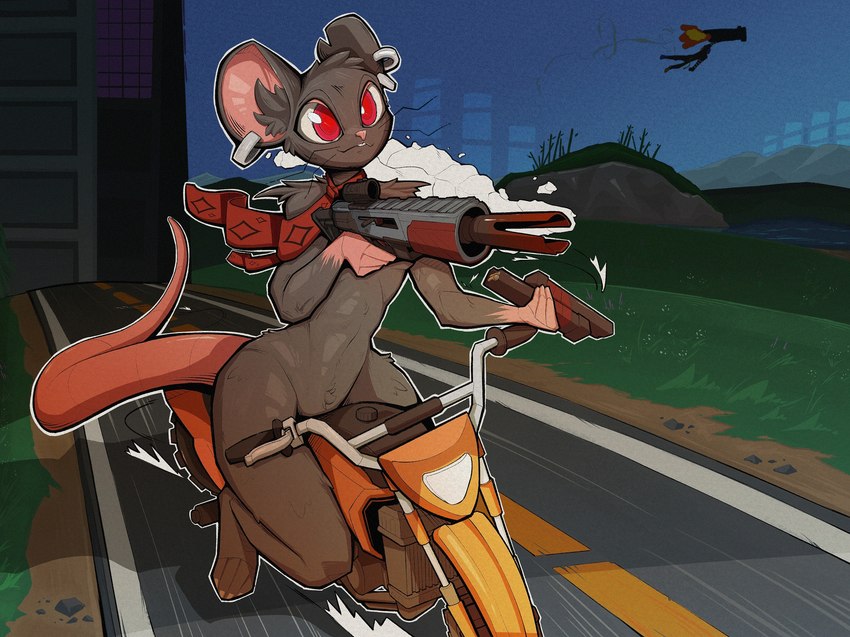 anthro arm_tuft building convenient_censorship covering_chest ear_piercing ear_ring featureless_crotch female fur grass grey_body grey_fur gun holding_gun holding_magazine_(gun) holding_object holding_ranged_weapon holding_rifle holding_weapon jungle_magazine_(gun) magazine_(gun) mostly_nude motorcycle necktie necktie_only night notched_ear outside picatinny_rail piercing plant ranged_weapon red_eyes red_necktie rifle ring_piercing river road shoulder_tuft solo tail tape tuft vehicle weapon whiskers gompami epic_games fortnite camille_(fortnite) mammal murid murine rat rodent colored digital_media_(artwork) hi_res