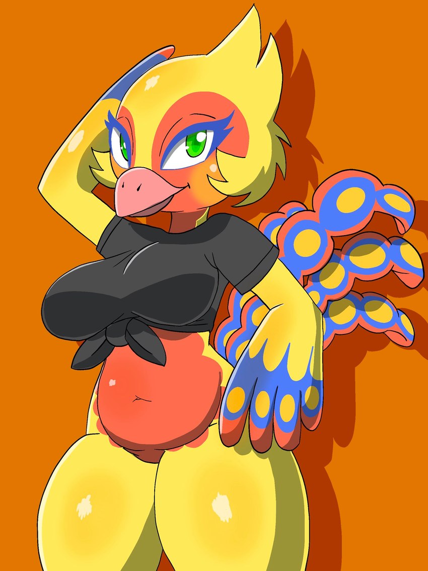 anthro beak belly big_breasts biped blue_eyelashes blush bottomless bottomless_anthro bottomless_female breasts clothed clothing curvy_figure eyelashes feathers featureless_crotch female green_eyes looking_at_viewer monotone_background multicolored_body navel orange_background simple_background slightly_chubby slightly_chubby_female solo thick_thighs two_tone_body two_tone_face voluptuous wide_hips yellow_body nojimmyplz animal_crossing nintendo phoebe_(animal_crossing) avian bird ostrich ratite digital_drawing_(artwork) digital_media_(artwork) hi_res portrait three-quarter_portrait