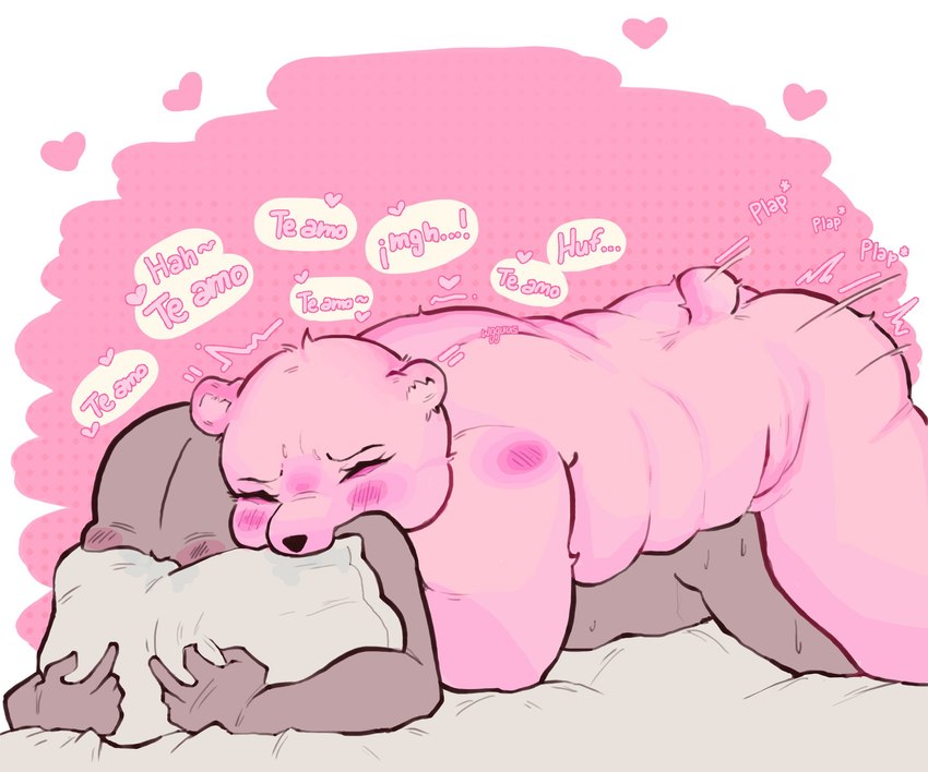 ambiguous_gender anthro belly biped blush butt dialogue duo male male/ambiguous nude overweight overweight_male pillow pink_body text wgguus unicorn_wars gordi_(unicorn_wars) bear mammal 2023 hi_res spanish_text