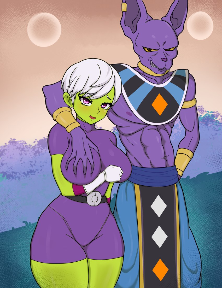 abs anthro big_breasts blush breast_grab breast_play breasts clothing duo female hand_on_breast male male/female smile thick_thighs tight_clothing jigoxav dragon_ball dragon_ball_super beerus cheelai alien alien_humanoid felid felidae feline humanoid mammal hi_res