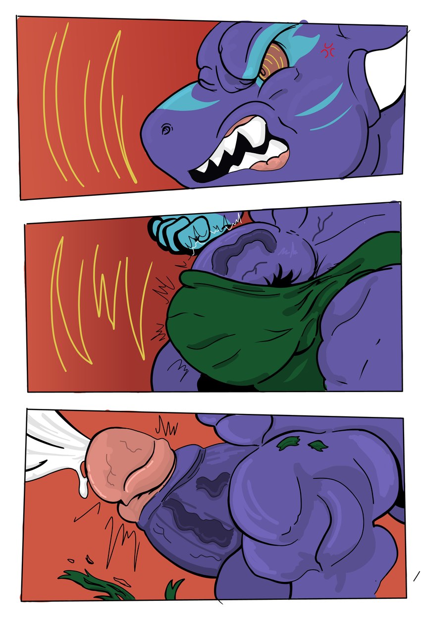 anthro balls belly big_balls big_belly big_bulge big_penis bulge clothing ejaculation erection genitals humanoid_genitalia humanoid_penis hypnosis male mind_control muscular muscular_male open_mouth penis ringed_eyes simple_background solo thick_thighs torn_clothing kogo mythology dragon mythological_creature mythological_scalie scalie 2:3 absurd_res comic hi_res