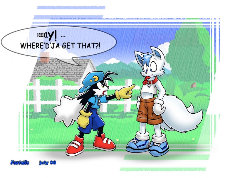 anthro bottomwear clothed clothing collar dialogue duo footwear male multi_tail shoes shorts speech_bubble tail text foxtails bandai_namco klonoa_(series) jordankitsune klonoa canid canine domestic_cat felid feline felis fox mammal 2008 digital_media_(artwork) english_text