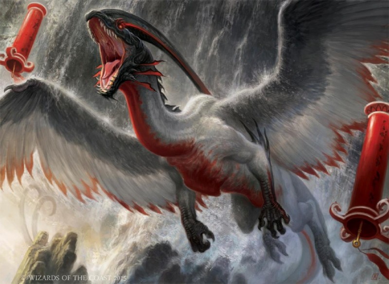 ambiguous_gender bell claws fangs feathers feral flying open_mouth solo tail teeth water waterfall zack_stella hasbro magic:_the_gathering mythology wizards_of_the_coast dragon mythological_creature mythological_scalie scalie official_art