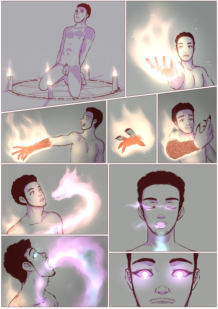 anthro balls border candle eyes_closed fire forced forced_transformation genitals hair looking_at_viewer male nipples nude open_mouth penis permanent permanent_transformation personality_death ritual scared solo soul soul_transformation soul_vore species_transformation transformation white_border aogami helluva_boss mythology loona_(helluva_boss) canid canid_demon canine canis demon hellhound human mammal mythological_canine mythological_creature wolf absurd_res comic digital_media_(artwork) hi_res