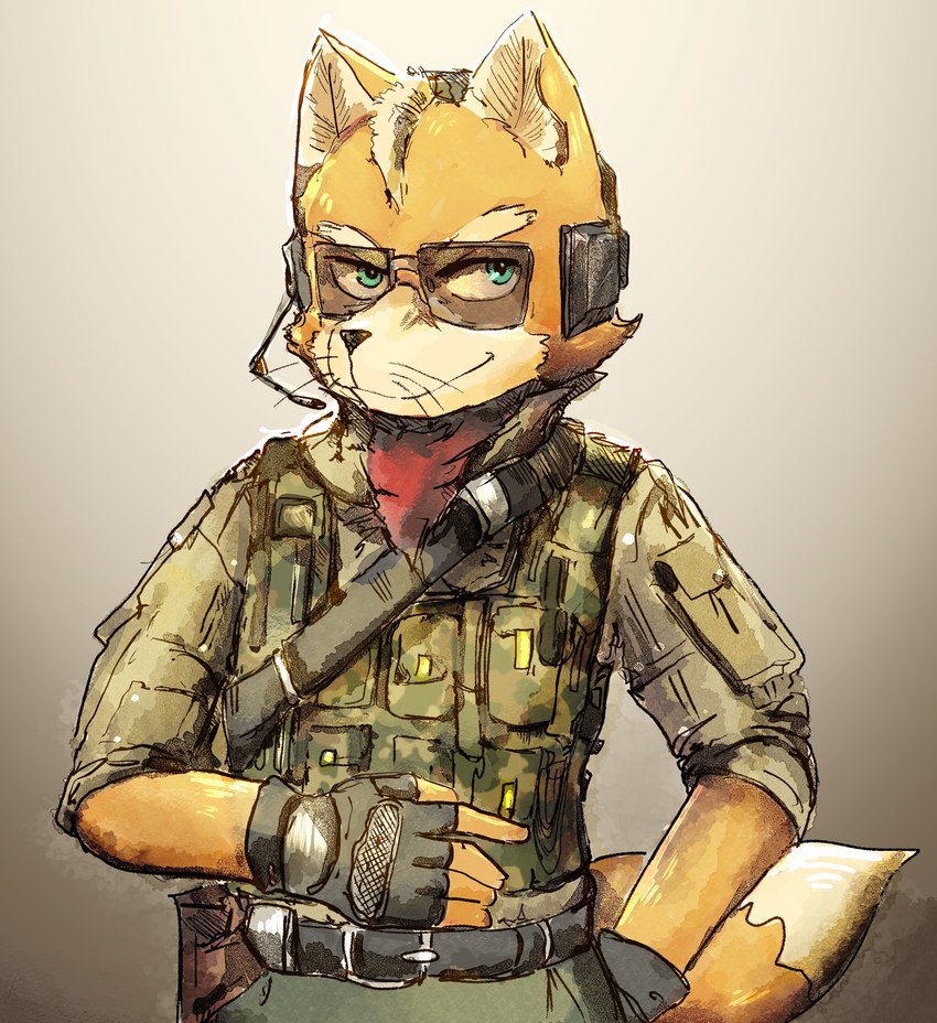 anthro belt blue_eyes camo camo_print clothing eyewear fingerless_gloves fur gloves hand_on_hip handwear holster male military military_uniform multicolored_body multicolored_fur pockets simple_background smile solo sunglasses two_tone_body two_tone_fur uniform katamichi nintendo star_fox james_mccloud canid canine fox mammal absurd_res hi_res