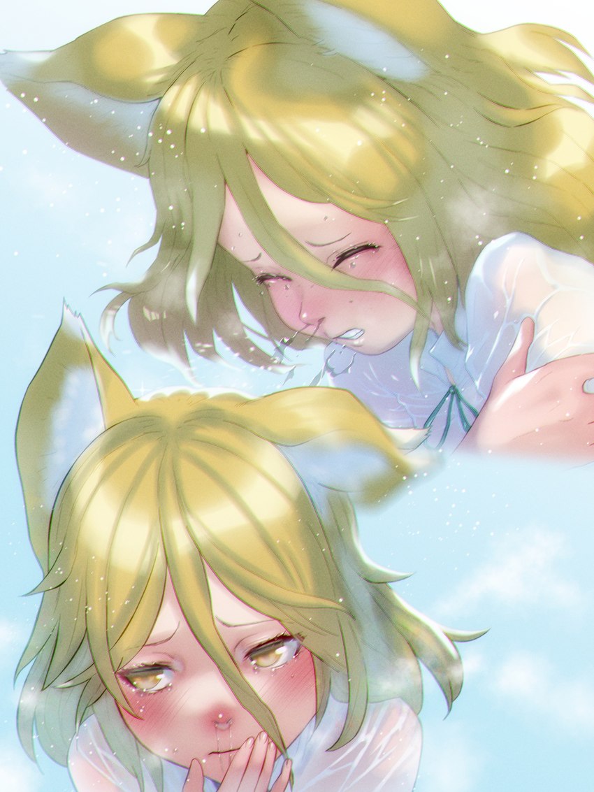 5_fingers blonde_hair blush clothing cold eyebrows eyelashes female fingernails fingers freezing hair long_hair nails nose_blush runny_nose sneeze solo tail translucent translucent_clothing wet wet_body wet_clothing wet_hair white_clothing yellow_eyes soon_(artist) tsukasa_kudamaki animal_humanoid canid canid_humanoid canine canine_humanoid fox_humanoid humanoid mammal mammal_humanoid tailed_humanoid 3:4 digital_media_(artwork) hi_res