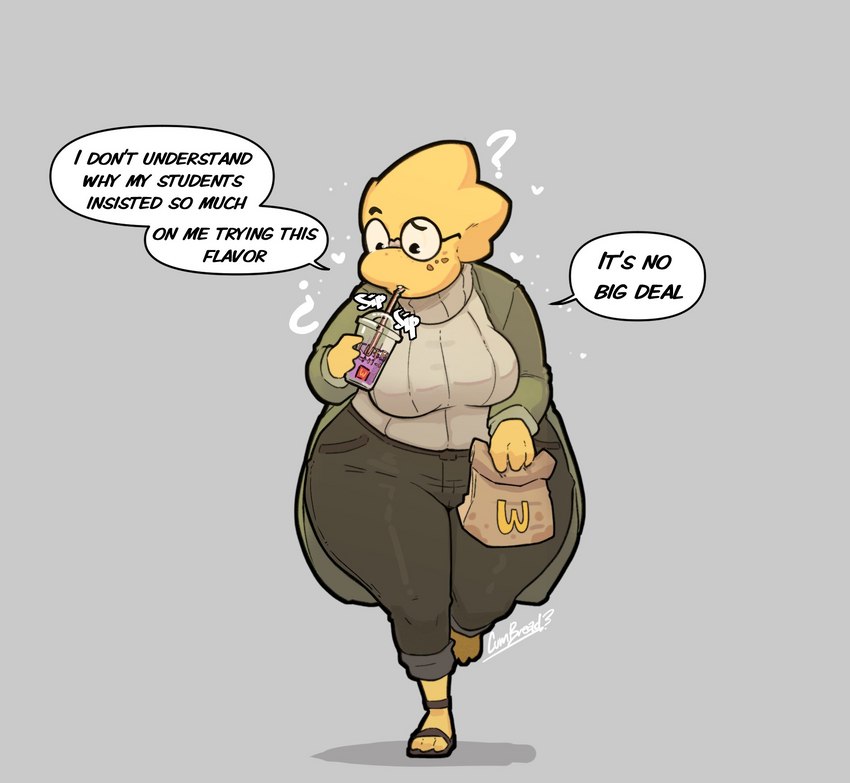 anthro big_breasts breasts clothed clothing dialogue eyewear female food glasses huge_hips huge_thighs humor imminent_death overweight overweight_anthro overweight_female question_mark scales solo text thick_thighs wide_hips yellow_body yellow_scales cumbread deltarune grimace_shake mcdonald's undertale_(series) alphys dinosaur prehistoric_species reptile scalie 2023 digital_media_(artwork) english_text hi_res meme