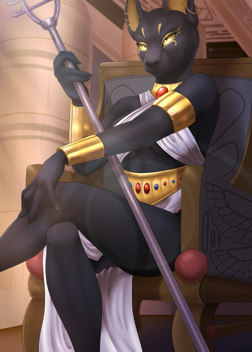 anthro black_body black_fur chair ear_piercing ear_ring egyptian female fur furniture piercing ring_piercing solo staff throne yellow_eyes yoko_darkpaw egyptian_mythology middle_eastern_mythology mythology patreon bast deity felid feline mammal 2022 hi_res