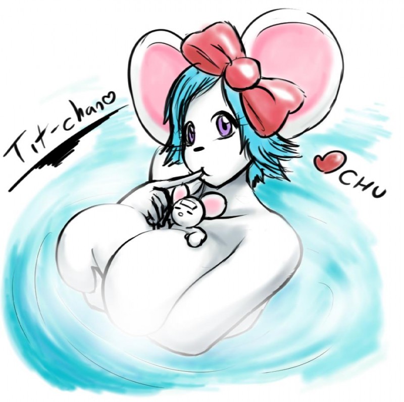 anthro big_breasts blue_hair breast_squish breasts duo female hair heart_symbol micro mini_me pink_eyes purple_eyes ribbons simple_background solo_focus squish text water speeds mammal mouse murid murine rodent digital_media_(artwork)