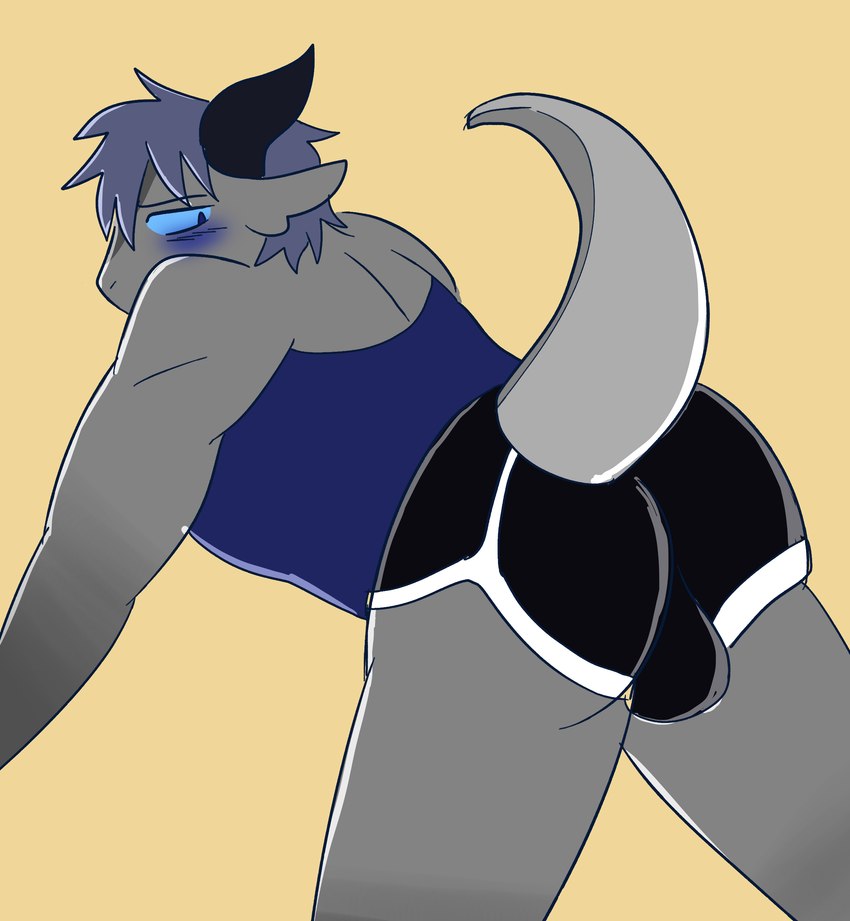 anthro athletic_wear balls balls_outline big_balls black_bottomwear black_clothing black_horn black_shorts blue_blush blue_clothing blue_eyes blue_hair blue_shirt blue_topwear blush bottomwear bulge butt clothed clothing countershade_tail countershading detailed_bulge embarrassed eyebrows furgonomic_bottomwear furgonomics genital_outline genitals grey_body grey_scales gym_bottomwear gym_shirt gym_shorts gym_topwear hair horn hotpants jock looking_at_viewer looking_back male muscular muscular_male muscular_thighs notched_ear penis presenting presenting_hindquarters scales shirt short_hair shorts simple_background solo submissive submissive_male tail thick_thighs topwear yellow_background batty69 mythology dragon mythological_creature mythological_scalie scalie wingless_dragon himbo 2023 absurd_res digital_drawing_(artwork) digital_media_(artwork) hi_res