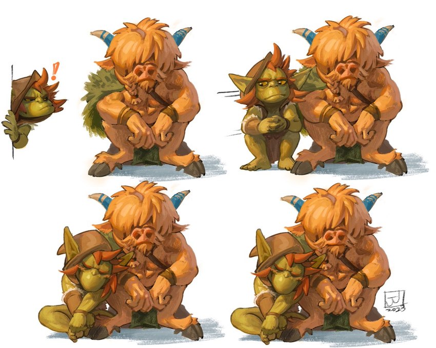 anthro blush chibi duo exclamation_point horn leaning_on_another male male/male smile jerome_jacinto raka_(jerome_jacinto) vort_(jerome_jacinto) bovid bovine goblin humanoid mammal