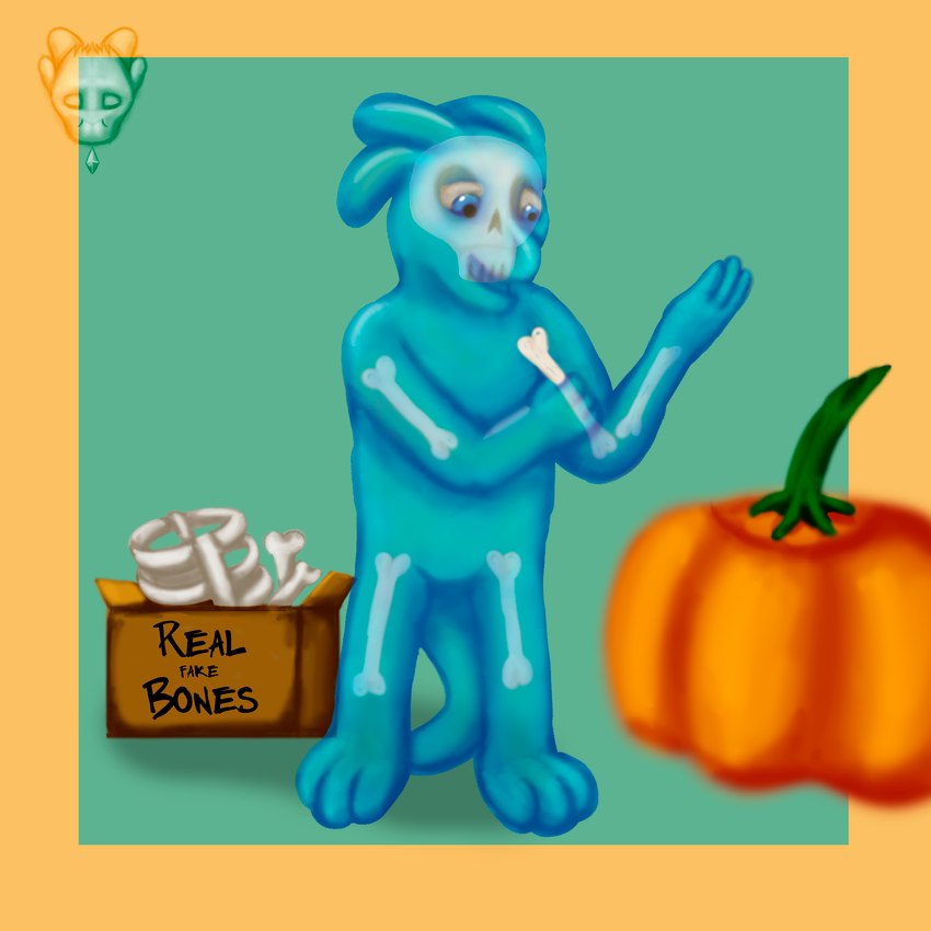 anthro bone clothing costume food fruit holidays male plant pumpkin skelleton skull solo text translucent translucent_body theslimedragon halloween slime_dragon 1:1 english_text hi_res