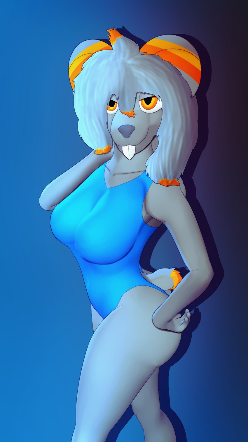 anthro big_breasts blue_clothing blue_swimwear breasts clothing female fur grey_body grey_fur hair one-piece_swimsuit orange_eyes solo swimwear tail conditional_dnp gusta gusty_(gusta) chinchilla chinchillid mammal rodent 9:16 hi_res herm_(lore)