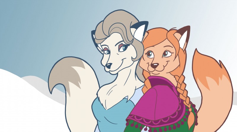 anthro clothing duo female romanjones disney frozen_(disney) anna_(frozen) elsa_(frozen) canid canine fox mammal absurd_res hi_res sibling_(lore) sister_(lore) sisters_(lore)