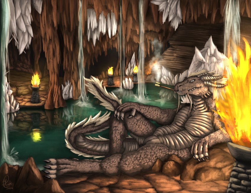 animal_genitalia anthro cave crystal fire genital_slit genitals horn lying_on_ground magic male nude on_ground pool reflection scales smoking_pipe solo stalactite stalagmite torch water waterfall wispy_tail yenocwolf mythology secrets_of_uncrom uncrom kysillian animal_humanoid dragon dragon_humanoid eastern_dragon eastern_dragon_humanoid humanoid mythological_creature mythological_scalie scalie absurd_res hi_res