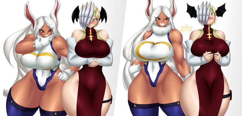 asian_clothing bat_wings big_breasts blonde_hair blush breasts chinese_clothing chinese_dress clothing dark_body dark_skin dress duo east_asian_clothing female female/female hair hand_on_butt leotard membrane_(anatomy) membranous_wings red_eyes thick_thighs white_hair wings yellow_eyes kyelyn_(artist) my_hero_academia mythology rumi_usagiyama ryuko_tatsuma animal_humanoid dragon humanoid lagomorph lagomorph_humanoid leporid leporid_humanoid mammal mammal_humanoid mythological_creature mythological_scalie rabbit_humanoid scalie absurd_res hi_res