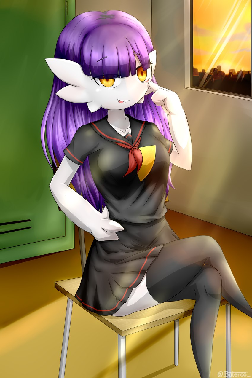 3_fingers bottomwear breasts chair classroom clothing crossed_legs detailed_background eyelid eyelid_pull eyelid_pull_taunt female fingers furniture gesture hair hair_over_eyes hand_on_hip legwear locker long_hair looking_at_viewer making_faces medium_breasts mocking not_furry purple_hair school school_uniform skirt small_tongue solo sunset taunting teasing thigh_highs tongue tongue_out uniform window yellow_eyes baterco nintendo pokemon greta_(baterco) gardevoir generation_3_pokemon pokemon_(species) 2022 2:3 absurd_res hi_res signature