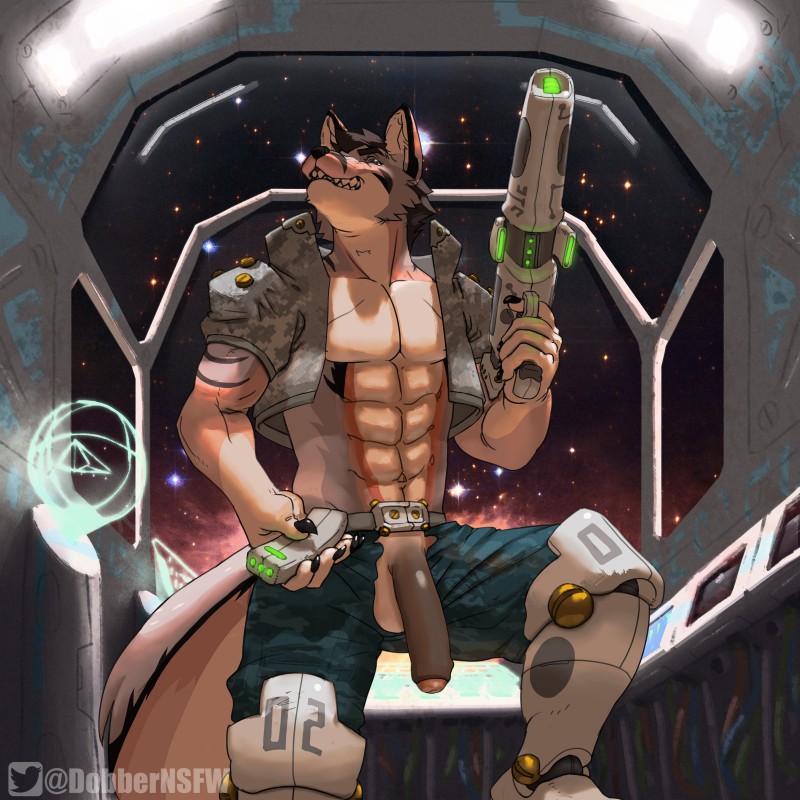 anthro balls clothed clothing fur genitals gun humanoid_genitalia humanoid_penis male muscular muscular_anthro muscular_male penis ranged_weapon solo space weapon dobbernsfw canid canine canis mammal wolf 1:1 absurd_res digital_media_(artwork) hi_res