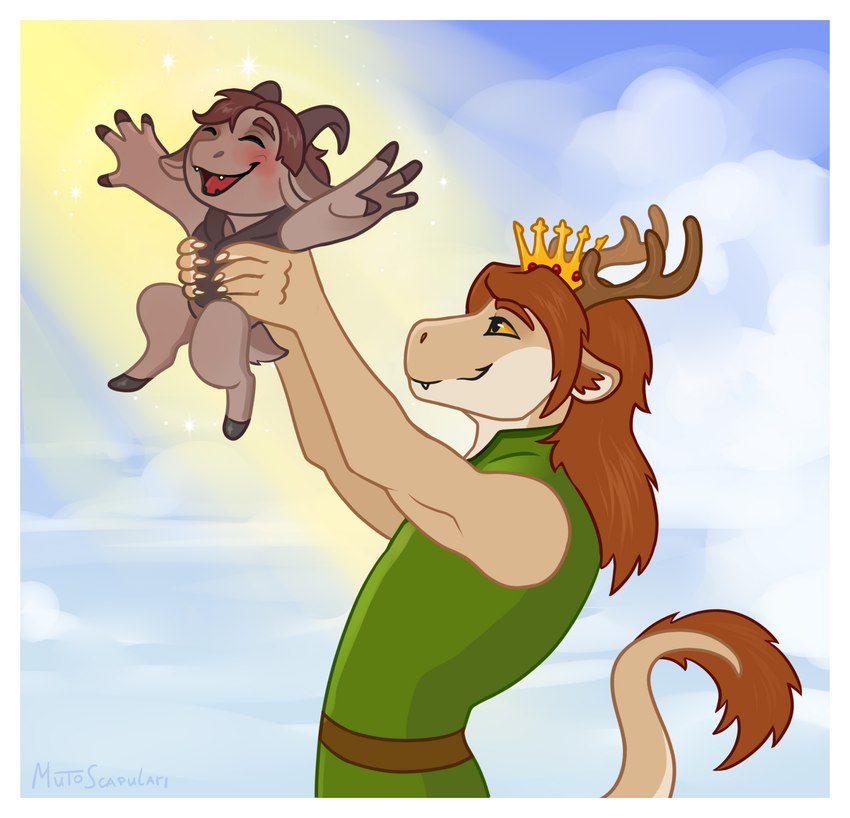 ambiguous_gender anthro antlers athletic athletic_male belt border chibi claws clothing crown duo eyes_closed glistening glistening_body hair happy headgear holding_partner horn lifting_partner light long_hair male mane medieval medieval_clothing muscular muscular_male prince royalty smile sunlight tail tail_tuft tuft white_border muto_scapulari disney mythology the_lion_king prince_borgon bovid caprine dragon goat mammal mythological_creature mythological_scalie scalie hi_res