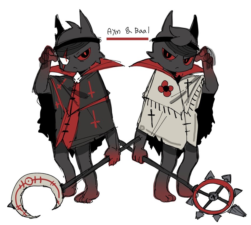 anthro black_body black_fur clothed clothing duo fur gloves_(marking) holding_object holding_staff leg_markings looking_at_viewer markings notched_ear red_eyes red_sclera scar simple_background socks_(marking) staff white_background dkfldptm1 cult_of_the_lamb massive_monster_(studio) aym_(cult_of_the_lamb) baal_(cult_of_the_lamb) domestic_cat felid feline felis mammal 2024 absurd_res digital_media_(artwork) hi_res brother_(lore) brothers_(lore) sibling_(lore)