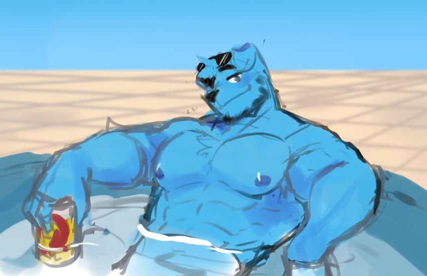 anthro barazoku beverage beverage_can blue_body blue_fur blue_nipples eyewear eyewear_on_head floppy_ears fur holding_beverage holding_object looking_at_viewer male muscular muscular_anthro muscular_male nipples smile smiling_at_viewer solo sunglasses sunglasses_on_head maceduu monica's_gang skol blu_(monica's_gang) canid canine canis domestic_dog mammal 2021