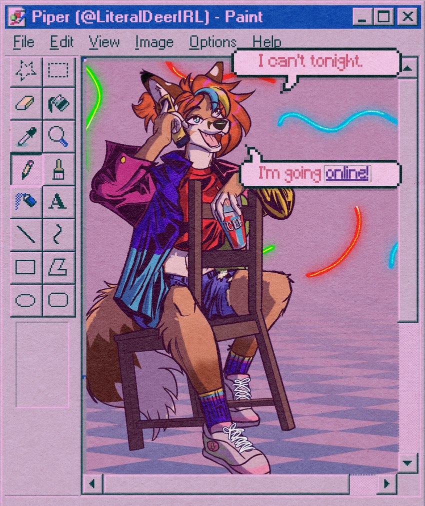 1990s 90's_theme abstract_background anthro beverage black_nose blue_bottomwear blue_clothing blue_eyes blue_jacket blue_shorts blue_text blue_topwear bottomwear brown_body brown_eyes brown_fur cellphone chair clothed clothing crop_top denim denim_bottomwear denim_clothing denim_shorts dialogue dipstick_tail electronics female female_anthro flip_phone footwear fur furniture hair heterochromia highlights_(coloring) holding_beverage holding_object holding_phone jacket markings midriff multicolored_clothing multicolored_jacket multicolored_topwear on_chair open_mouth orange_hair phone phone_call pink_clothing pink_footwear pink_jacket pink_shoes pink_text pink_tongue pink_topwear purple_clothing purple_jacket purple_topwear red_clothing red_crop_top red_shirt red_topwear shirt shoes shorts sitting sitting_backwards sitting_on_chair slurpee sneakers snout socks solo tail tail_markings teeth text tongue topwear user_interface white_body white_fur window_(computing) yellow_eyes literaldeerirl icee microsoft microsoft_paint_(copyright) microsoft_windows canid canine felid feline fox hybrid mammal red_fox serval true_fox 2023 absurd_res adobe_photoshop_(artwork) artist_name cel_shading character_name digital_drawing_(artwork) digital_media_(artwork) english_text full-length_portrait hi_res portrait shaded