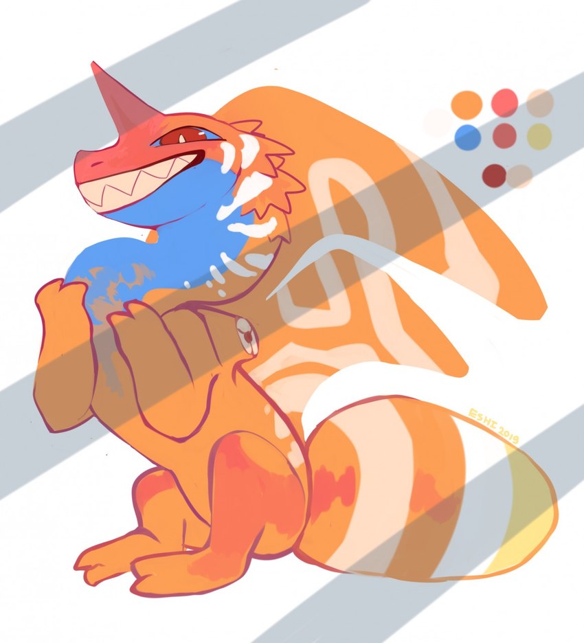 ambiguous_gender blue_body blue_sclera color_swatch feral gore horn markings orange_body red_eyes red_horn solo striped_markings striped_neck striped_tail stripes tail tail_markings corzh77 mythology dragon mythological_creature mythological_scalie scalie 2019 artist_name dated hi_res