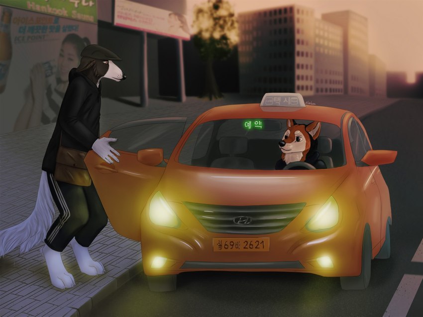 anthro car city commercial_vehicle duo korea license_plate male public_transportation seoul taxicab text vehicle vehicle_for_hire aleks_pakaralex hyundai hyundai_sonata borzaya rillakim borzoi canid canine canis domestic_dog hunting_dog mammal sighthound 4:3 digital_media_(artwork) digital_painting_(artwork) korean_text