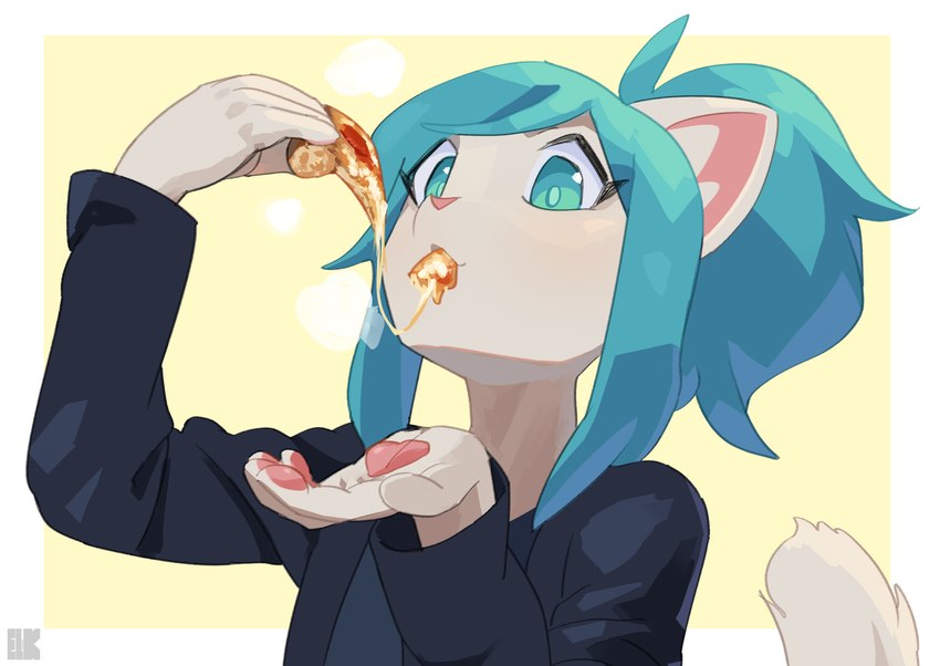 5_fingers anthro black_clothing black_shirt black_topwear blue_eyes blue_hair breasts clothed clothing female female_anthro fingers food food_in_mouth fur hair holding_food holding_object holding_pizza object_in_mouth pawpads pink_nose pink_pawpads pizza pizza_slice shirt simple_background smile solo tail topwear white_body white_fur el-k tablekat domestic_cat felid feline felis mammal 2023 absurd_res digital_media_(artwork) hi_res