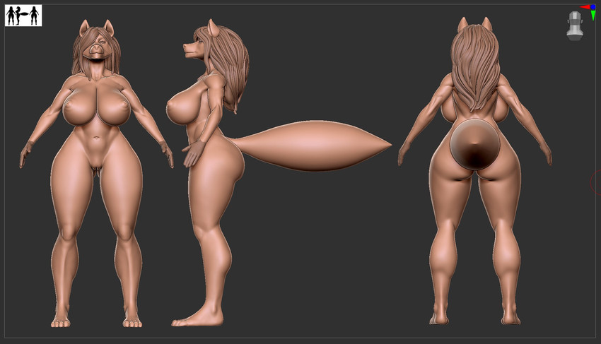 anthro breasts butt female front_view genitals nipples pussy rear_view sculpt side_view solo vck canid canine mammal 2020 3d_(artwork) digital_media_(artwork) hi_res zbrush_(artwork)