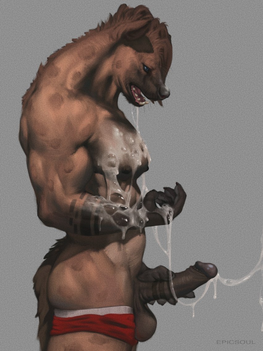 5_fingers abs anthro arm_tattoo balls belly bent_arm biceps black_nose blue_eyes bodily_fluids brown_body brown_fur brown_hair brown_penis brown_tail butt claws clothed clothing cum cum_drip cum_on_arm cum_on_belly cum_on_body cum_on_chest cum_on_chin cum_on_hand cum_on_penis cum_on_self cum_string cumshot dark_body dark_ears dark_fur dark_penis dark_tail dripping ejaculation erection finger_claws fingers forearm_muscles forearm_tattoo forearms foreskin fur genital_fluids genital_tattoo genitals glans grey_body grey_eyes grey_fur hair holding_penis humanoid_genitalia humanoid_penis long_hair looking_down male markings multicolored_body multicolored_fur muscular muscular_anthro muscular_male neck_muscles nipples nude open_mouth partially_clothed pecs penis penis_tattoo retracted_foreskin saggy_balls side_view simple_background solo spots spotted_body spotted_fur standing tail tattoo teeth tongue triceps underwear underwear_down epic_soul thabo_(epic_soul) hyena mammal spotted_hyena 3:4 digital_media_(artwork) hi_res