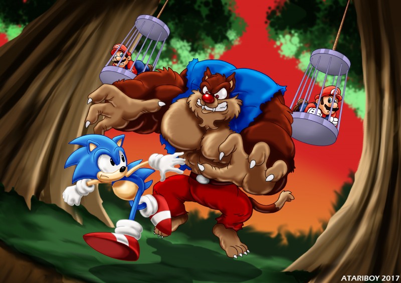 black_eyes blue_body blue_eyes blue_fur brown_body brown_fur claws clothing fur group male plant size_difference topwear tree vest atariboy bootleg looney_tunes mario_bros nintendo sega sonic_the_hedgehog_(series) sonic_the_hedgehog_4_(snes) warner_brothers mario sonic_the_hedgehog wild_cat_(speedy_gonzales:_los_gatos_bandidos) eulipotyphlan hedgehog human mammal crossover hi_res