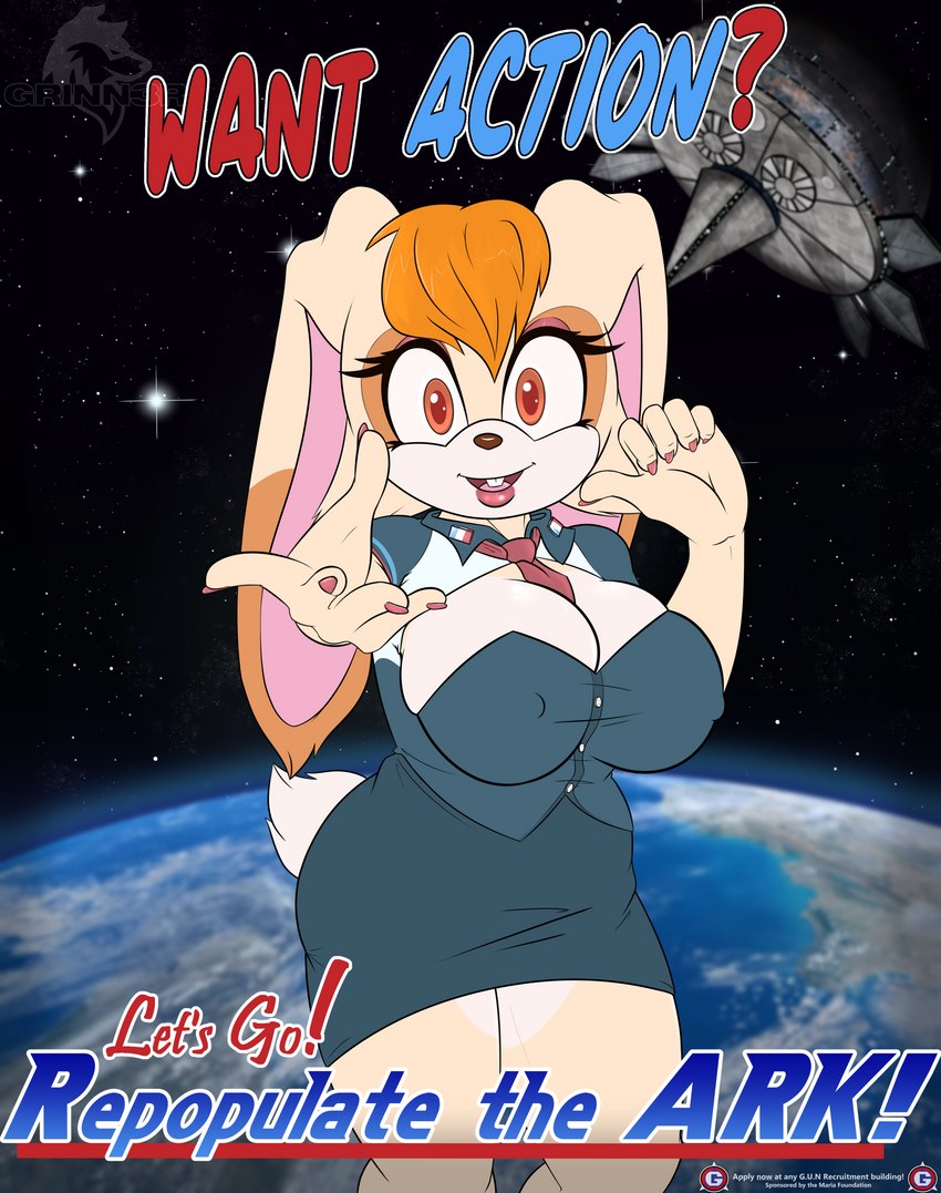 anthro big_breasts bottomwear breasts buckteeth cleavage cleavage_cutout cleavage_overflow clothed clothing colored_nails cutout dress_shirt earth female front_view fur gesture globe hair hand_gesture lipstick long_ears makeup military_uniform nails necktie nipple_outline orange_body orange_eyes orange_fur orange_hair planet pointing pointing_at_self poster poster_template propaganda reaching reaching_towards_viewer recruitment_poster shirt skirt smile solo space space_colony_ark star teeth text topwear uniform conditional_dnp grinn3r sega sonic_the_hedgehog_(series) vanilla_the_rabbit lagomorph leporid mammal rabbit 2022 absurd_res english_text hi_res