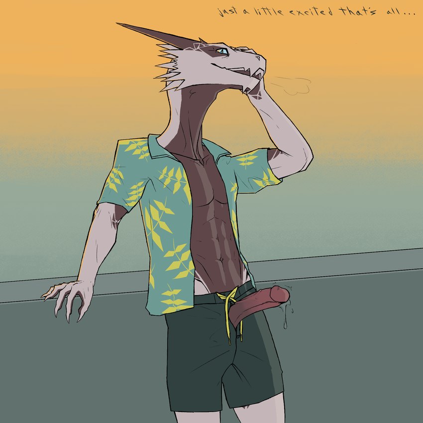 abs aloha_shirt anthro athletic athletic_male blue_eyes bodily_fluids breath claws clothed clothing countershading dialogue erection excited excited_male finger_claws genital_fluids genitals glans holding_head humanoid_genitalia humanoid_penis leaking_precum leaning_on_wall looking_at_viewer male open_clothing open_shirt open_topwear pattern_clothing pattern_shirt pattern_topwear penis penis_poking_out penis_through_fly precum reverse_countershading shirt solo spikes spikes_(anatomy) sunset swimming_trunks swimwear throbbing throbbing_penis topwear vein veiny_penis bullchicken liz_(nsfw) european_mythology mythology dragon mythological_creature mythological_scalie scalie western_dragon wingless_dragon 1:1 hi_res