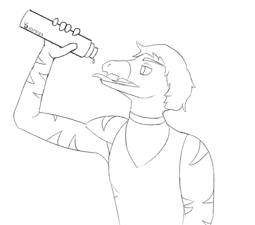 anthro clothing fingers hair male shirt short_hair snout solo tank_top thermos tongue tongue_out topwear yellingbox cavemanon_studios goodbye_volcano_high snoot_game reed_(gvh) dinosaur dromaeosaurid prehistoric_species reptile scalie theropod velociraptor 2023 black_and_white dated hi_res monochrome signature