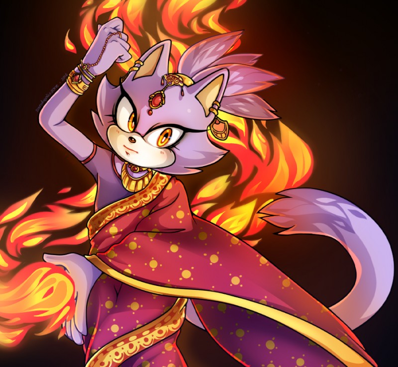 anthro belly_dancer belly_dancing clothing dancing female fire fluffy fluffy_tail fur india indian indian_clothing jewelry sari solo tail sandopoliszone sega sonic_the_hedgehog_(series) blaze_the_cat domestic_cat felid feline felis mammal