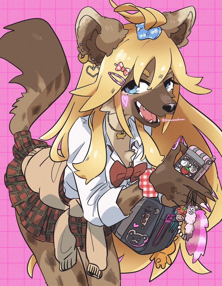 accessory ahoge alternative_fashion anthro bag bag_accessory bag_charm blonde_hair blue_eyes bottomwear bow_tie brown_body brown_fur charm_(jewelry) clothed clothing colored_nails decoden droopy_eyes ear_piercing ear_ring electronics fangs female fur ganguro_(fashion) gyaru hair hair_accessory hair_between_eyes hairclip handbag heart_on_cheek holding_object holding_phone j-fashion jewelry kogal leaning leaning_forward long_hair long_nails looking_at_viewer nail_accessory nail_art nails necklace open_mouth own_hands_together pattern_bottomwear pattern_clothing pattern_skirt phone piercing pink_background pink_nails plaid plaid_bottomwear plaid_clothing plaid_skirt pleated_skirt raised_tail red_bottomwear red_bow_tie red_clothing red_skirt ring_piercing rolled_up_sleeves school_uniform scrunchie sharp_nails shirt simple_background skirt smile solo stiletto_nails sweater_around_waist tail tail_under_skirt teeth text topwear uniform white_clothing white_shirt white_topwear wrist_scrunchie baaaaacham vtuber buchiage_hannah hyena mammal spotted_hyena artist_name hi_res