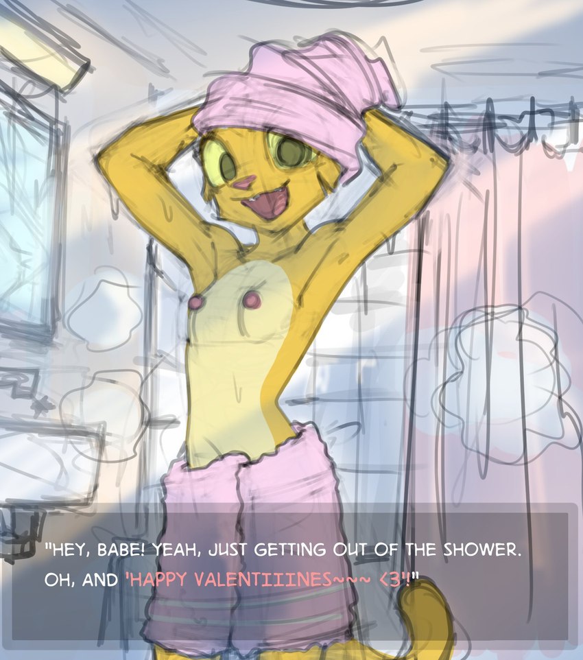 after_shower bathroom breasts detailed_background female holidays inside looking_at_viewer nipples solo tail talking_to_viewer text towel towel_around_waist towel_on_head towel_only filthypally microsoft prequel_adventure the_elder_scrolls valentine's_day katia_managan felid feline khajiit mammal 2024 english_text guide_lines hi_res