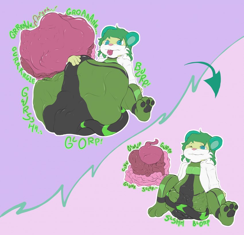 anthro belly belly_reduction belly_squeeze bite biting_lip biting_own_lip blorp bodysuit bone bone_imprints bones_in_stomach clothing coat death digestion digestion_noises digestion_sequence disembodied_organs fatal_vore fur glorp green_body green_ears green_fur green_hair gurgle_(sound_effect) guts hair imprint intestines lab_coat male male_pred mph! muffled multicolored_body narrowed_eyes onomatopoeia oral_vore organs pawpads round_ears self_bite skinsuit solo sound_effects squint stomach struggling struggling_prey tail text tight_clothing tongue tongue_out topwear vore white_face misciblemyles remmyl mammal murid murine rat rodent digital_media_(artwork) english_text hi_res