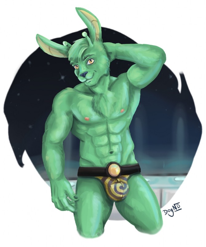 abs anthro bulge clothed clothing fur green_body green_fur looking_at_viewer male mostly_nude navel nipples outside simple_background skimpy solo speedo spiral swimwear topless dognextdoor alien lagomorph leporid mammal rabbit