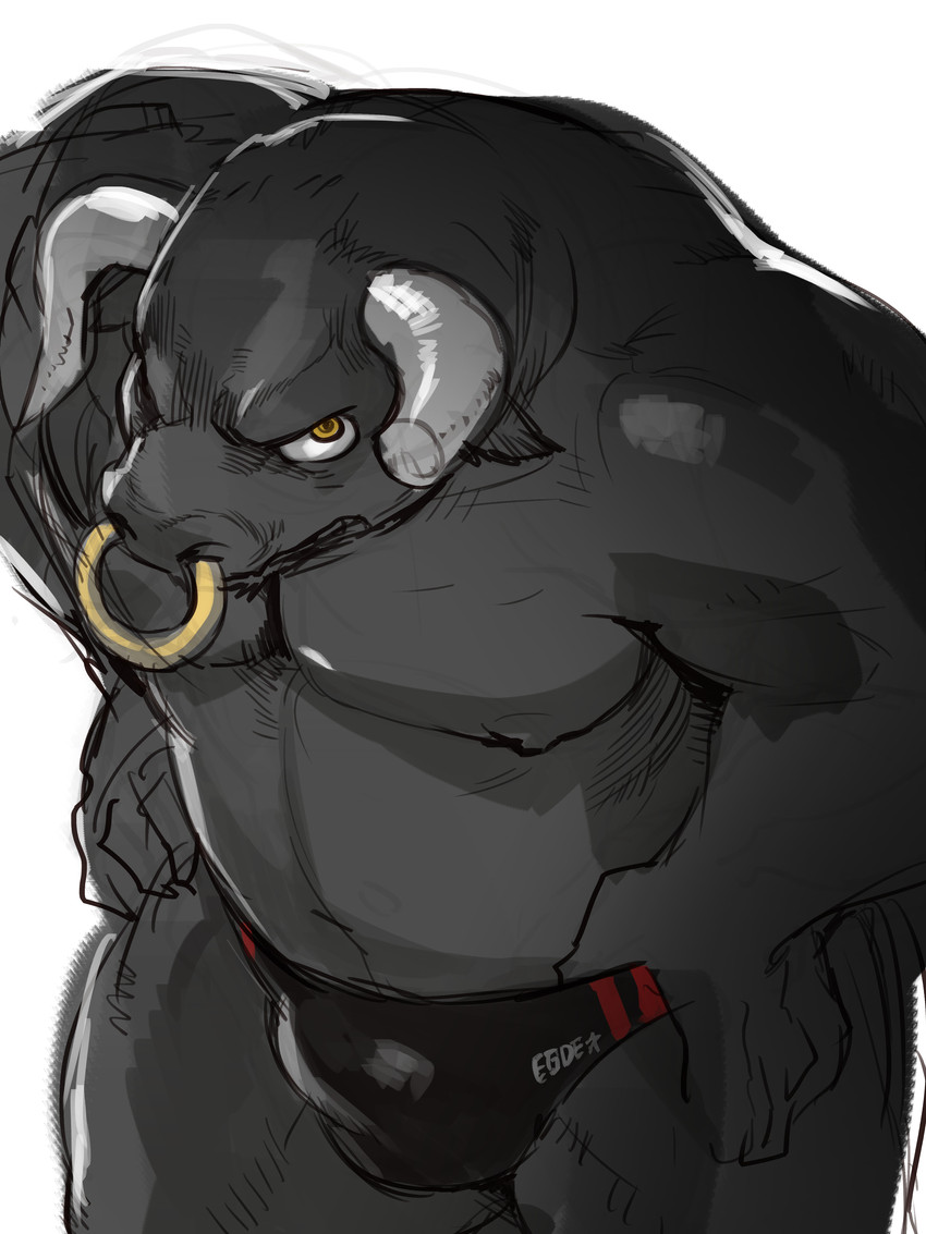 anthro black_body black_fur bulge clothing fur humanoid_hands kemono male musclegut muscular simple_background solo underwear white_background kita_9999 bovid bovine cattle mammal 2020 3:4 absurd_res hi_res