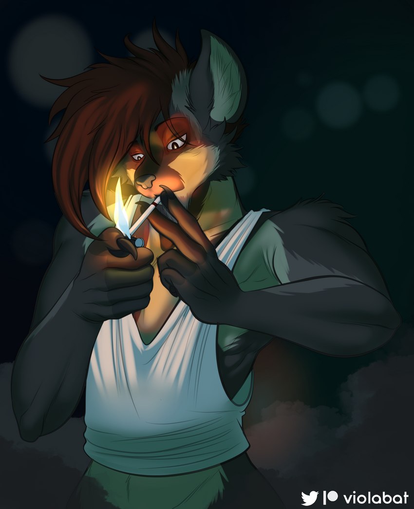 abstract_background anthro brown_body brown_fur cigarette clothing fire fur lighter male shirt smoking smoking_cigarette solo tank_top topwear viola_bat saeki_(viola_bat) bush_dog canid canine mammal absurd_res hi_res